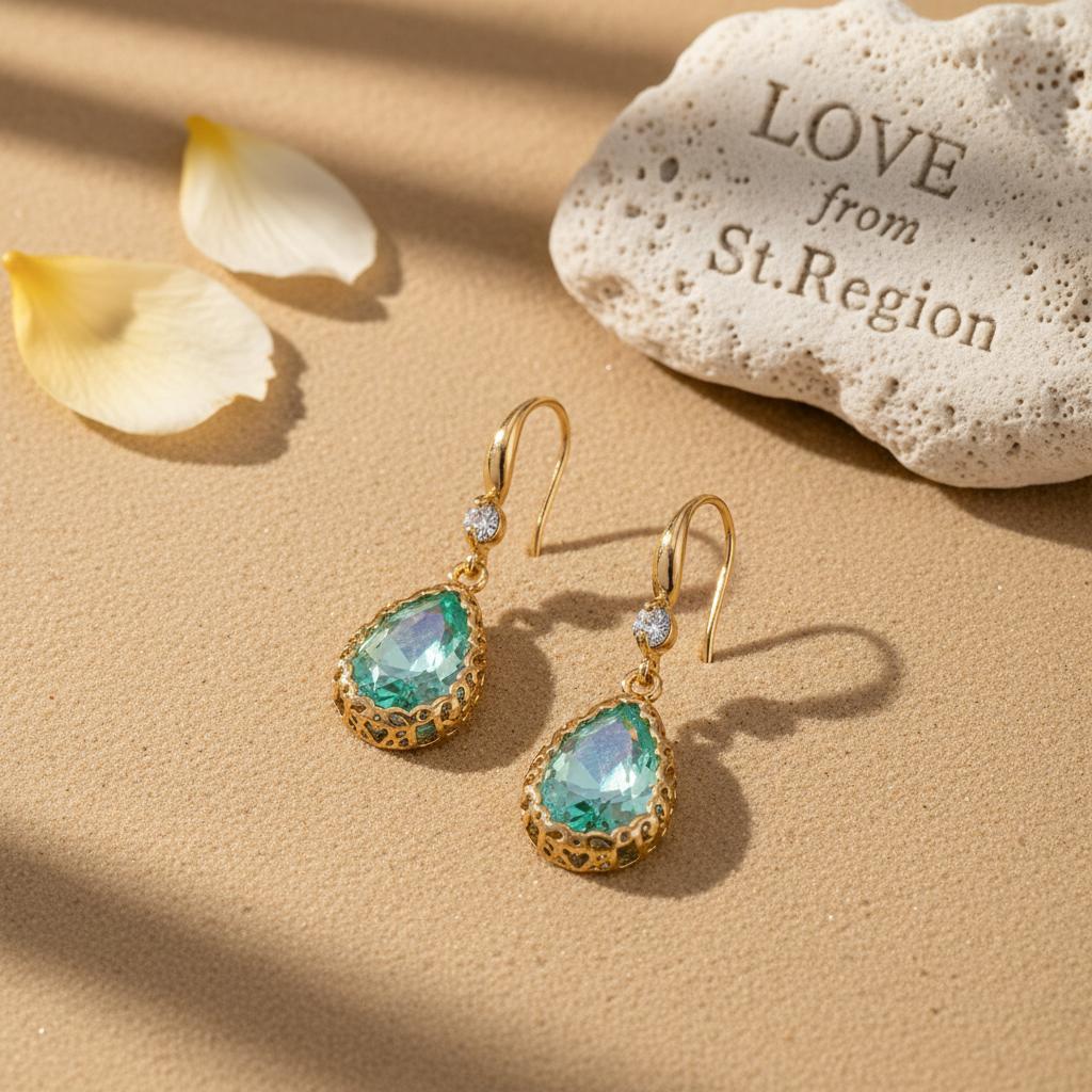 Green Crystal and Cubic Zirconia Goldtone Teardrop Hook Earrings, gold drop earrings for women, lifestyle look