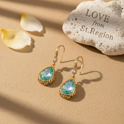 Green Crystal and Cubic Zirconia Goldtone Teardrop Hook Earrings, gold drop earrings for women, lifestyle look