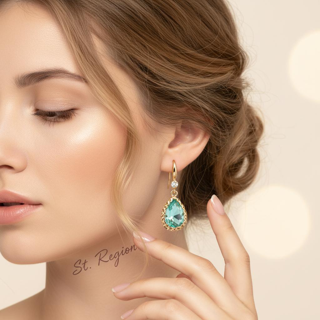Green Crystal and Cubic Zirconia Goldtone Teardrop Hook Earrings, gold drop earrings for women, styled look