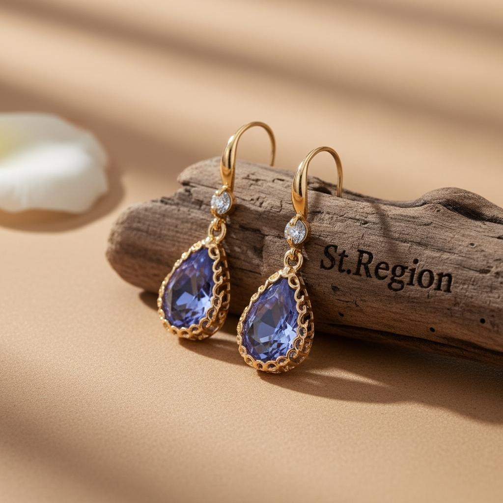Purple Crystal and Cubic Zirconia Goldtone Teardrop Hook Earrings, gold drop earrings for women, front view