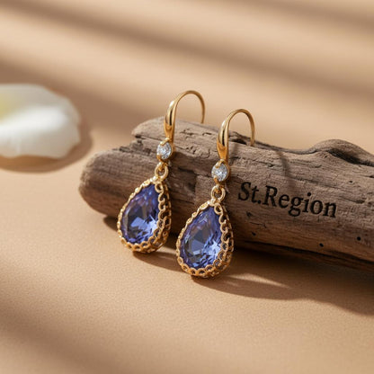 Purple Crystal and Cubic Zirconia Goldtone Teardrop Hook Earrings, gold drop earrings for women, front view