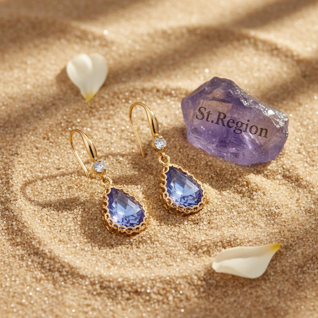Purple Crystal and Cubic Zirconia Goldtone Teardrop Hook Earrings, gold drop earrings for women, detail close-up