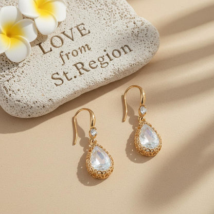 White Crystal and Cubic Zirconia Goldtone Teardrop Hook Earrings, gold drop earrings for women, lifestyle look