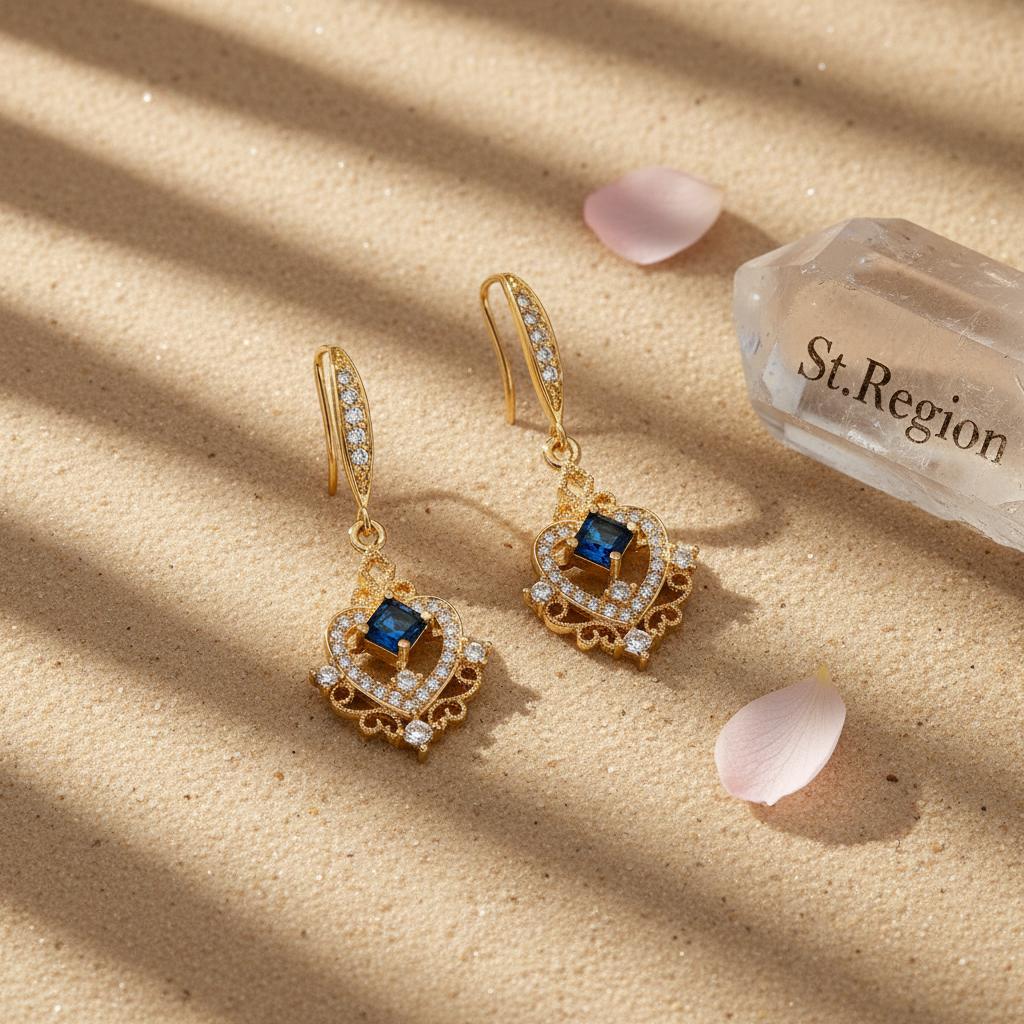 Sapphire Crystal and Cubic Zirconia Goldtone Princess-Cut Heart Hook Earrings, gold drop earrings for women, detail close-up