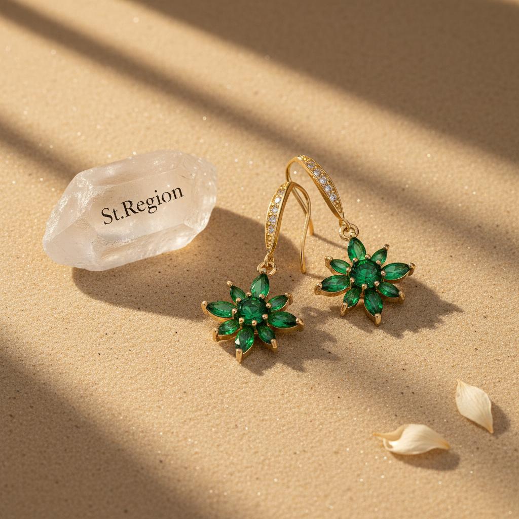 Green Crystal and Cubic Zirconia Goldtone Flower Hook Earrings, gold drop earrings for women, detail close-up