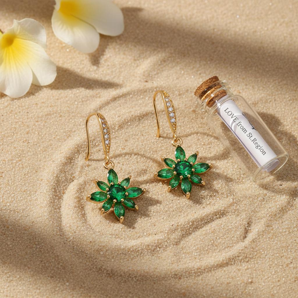 Green Crystal and Cubic Zirconia Goldtone Flower Hook Earrings, gold drop earrings for women, lifestyle look