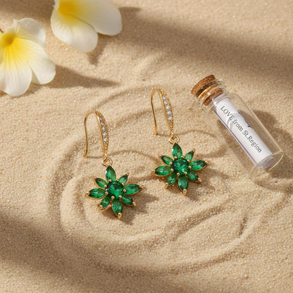 Green Crystal and Cubic Zirconia Goldtone Flower Hook Earrings, gold drop earrings for women, lifestyle look