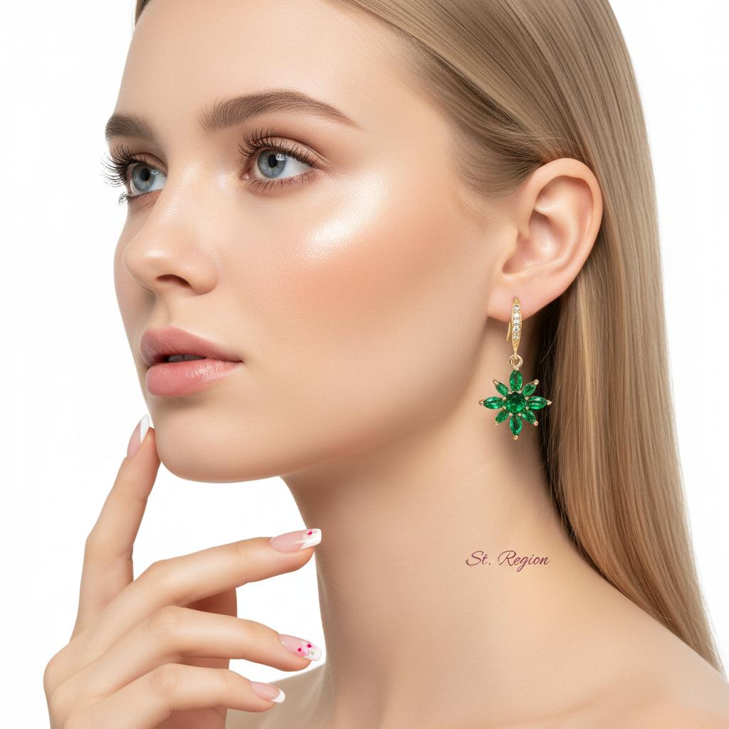 Green Crystal and Cubic Zirconia Goldtone Flower Hook Earrings, gold drop earrings for women, botanical inspired, styled look