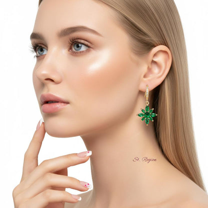 Green Crystal and Cubic Zirconia Goldtone Flower Hook Earrings, gold drop earrings for women, botanical inspired, styled look