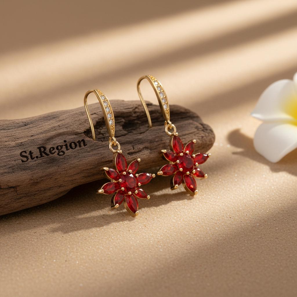 Red Crystal and Cubic Zirconia Goldtone Flower Hook Earrings, gold drop earrings for women, botanical inspired, front view