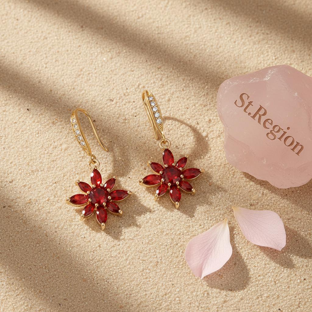Red Crystal and Cubic Zirconia Goldtone Flower Hook Earrings, gold drop earrings for women, detail close-up