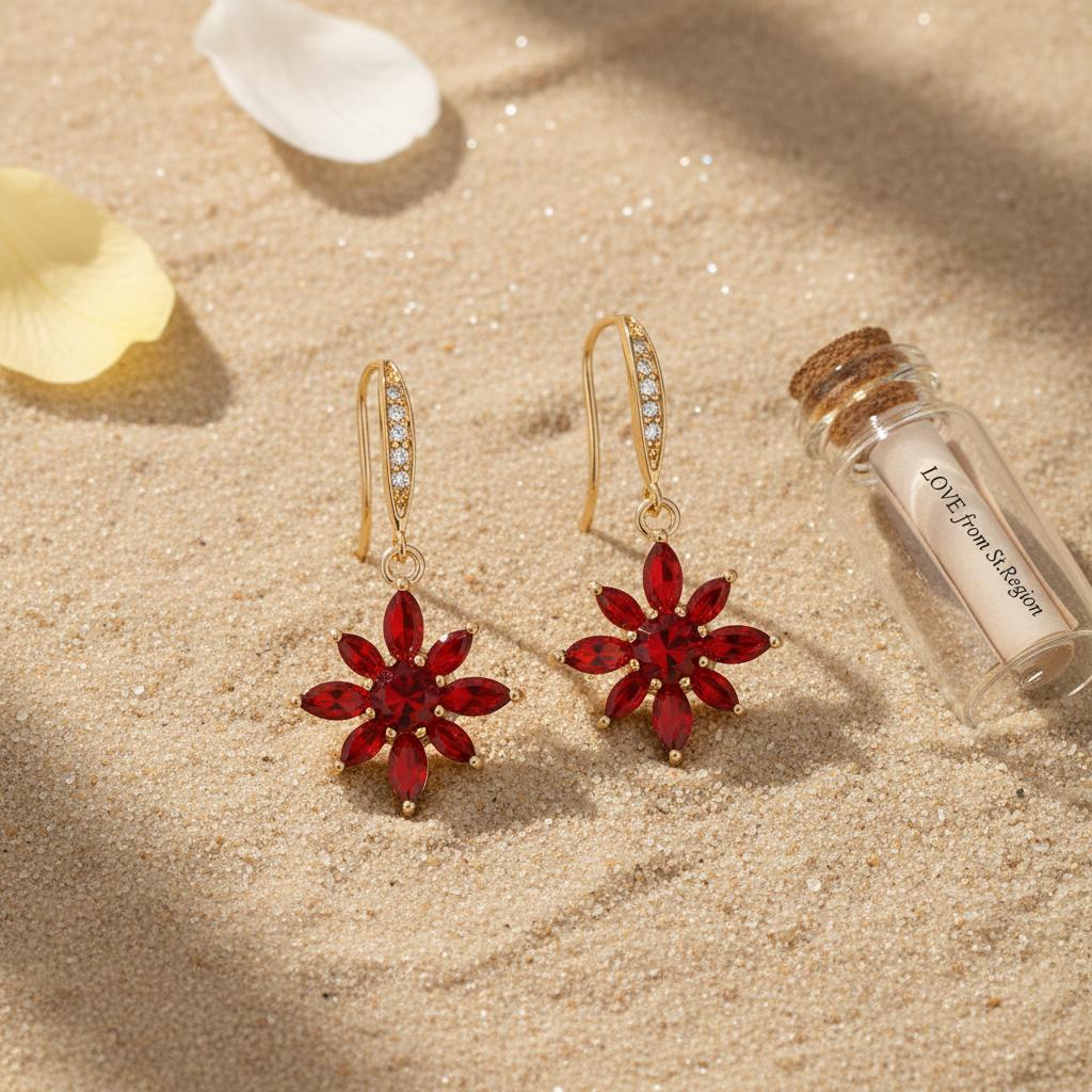 Red Crystal and Cubic Zirconia Goldtone Flower Hook Earrings, gold drop earrings for women, lifestyle look