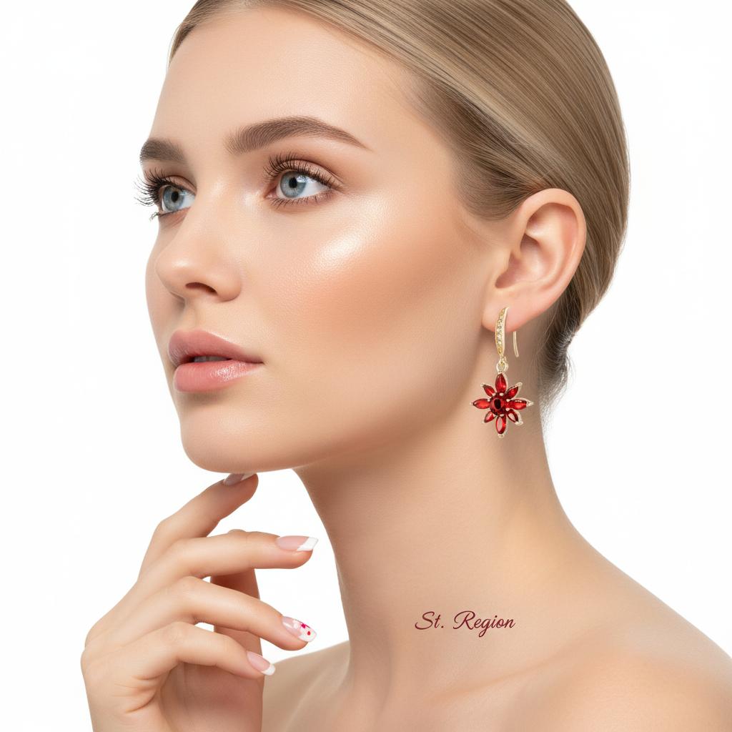 Red Crystal and Cubic Zirconia Goldtone Flower Hook Earrings, gold drop earrings for women, botanical inspired, styled look