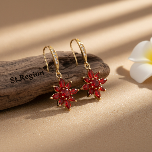 Red Crystal & Cubic Zirconia Goldtone Flower Hook Earrings - Street Region