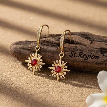 Red Crystal and Cubic Zirconia Goldtone Star Hook Earrings, gold drop earrings for women, botanical inspired, front view