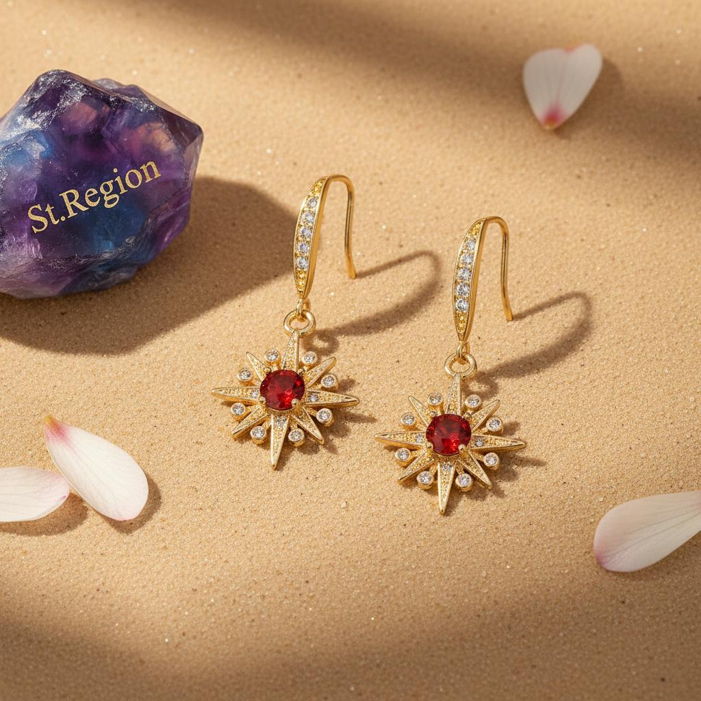 Red Crystal and Cubic Zirconia Goldtone Star Hook Earrings, gold drop earrings for women, botanical inspired, detail close-up