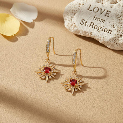 Red Crystal and Cubic Zirconia Goldtone Star Hook Earrings, gold drop earrings for women, botanical inspired, lifestyle look