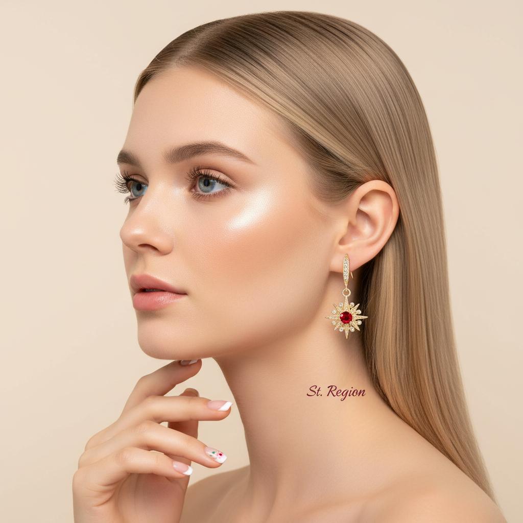 Red Crystal and Cubic Zirconia Goldtone Star Hook Earrings, gold drop earrings for women, botanical inspired, styled look