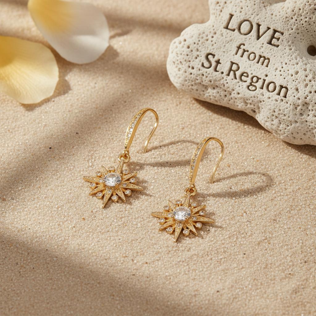 Crystal and Cubic Zirconia Goldtone Star Hook Earrings, gold drop earrings for women, everyday style, lifestyle look