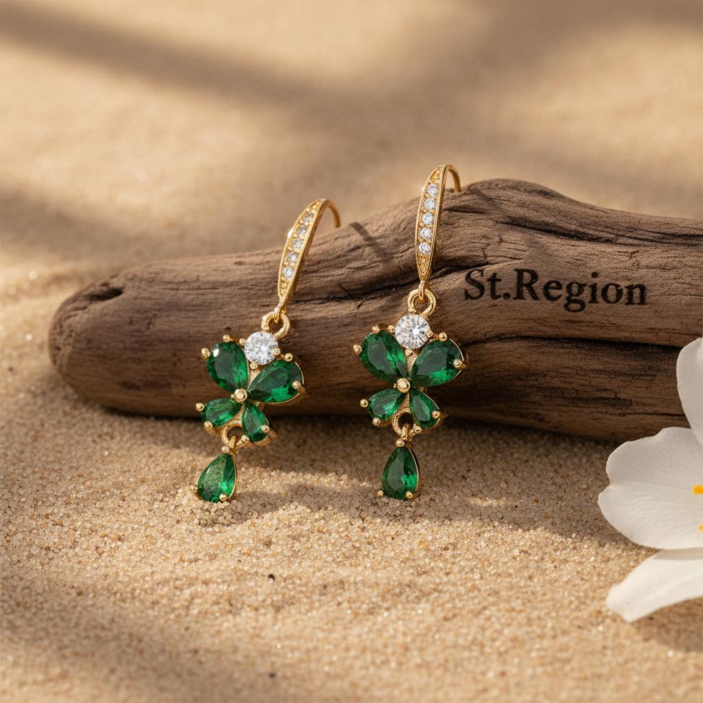 Emerald Crystal and Cubic Zirconia Goldtone Butterfly Hook Earrings, gold drop earrings for women, front view