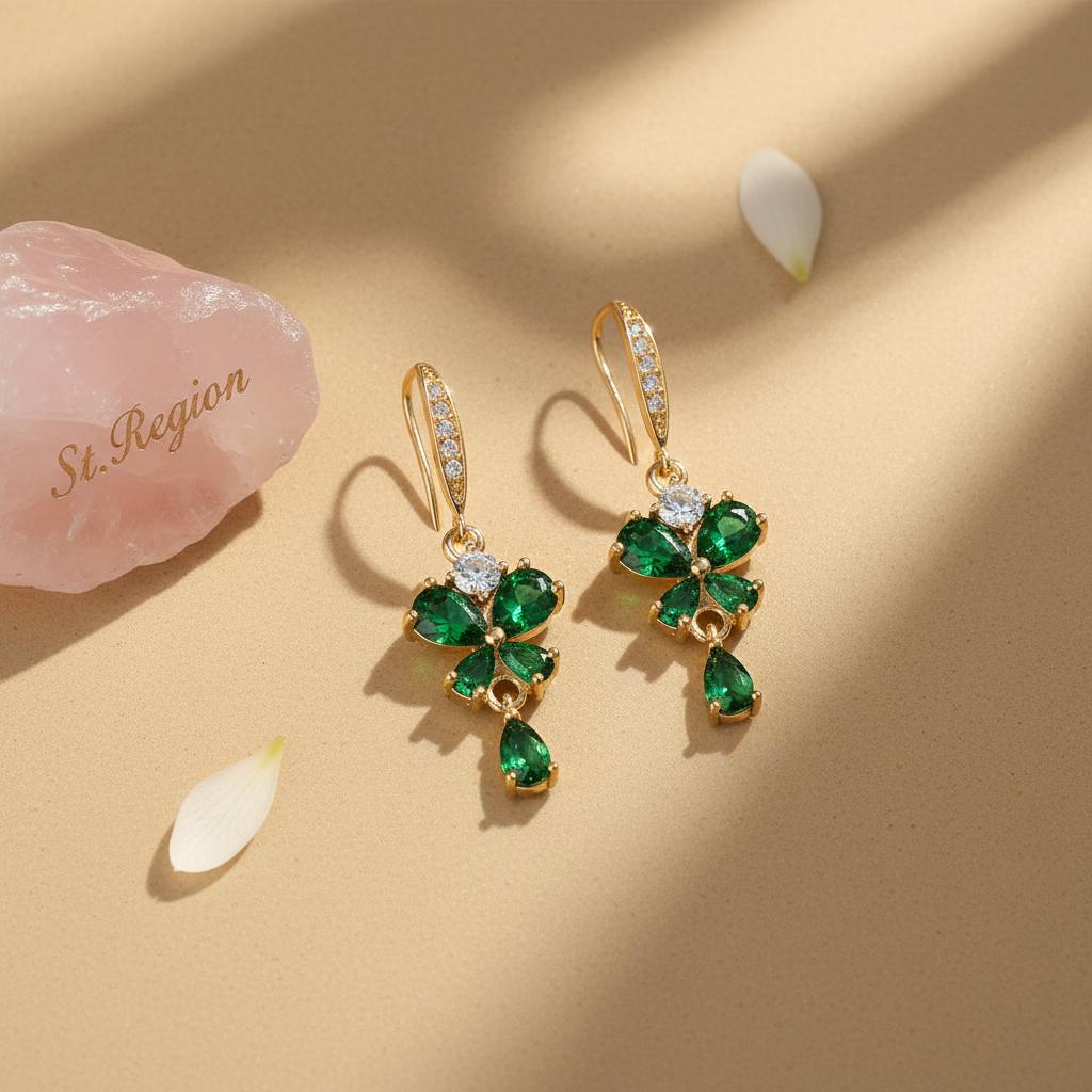 Emerald Crystal and Cubic Zirconia Goldtone Butterfly Hook Earrings, gold drop earrings for women, detail close-up