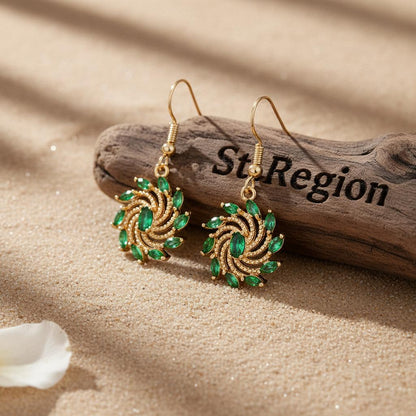 Green Crystal and Goldtone Vortex Hook Earrings, gold drop earrings for women, elegant gift for her, front view