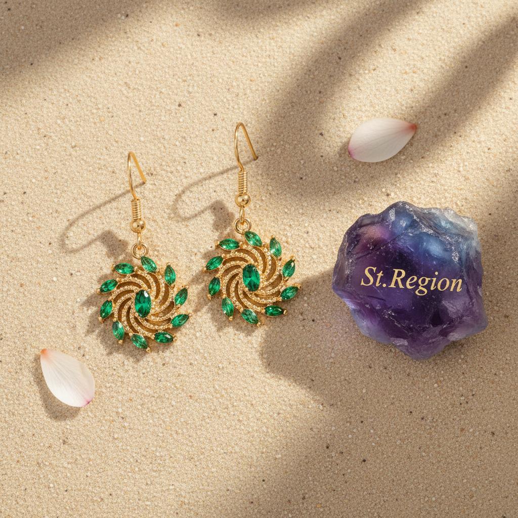 Green Crystal and Goldtone Vortex Hook Earrings, gold drop earrings for women, elegant gift for her, detail close-up