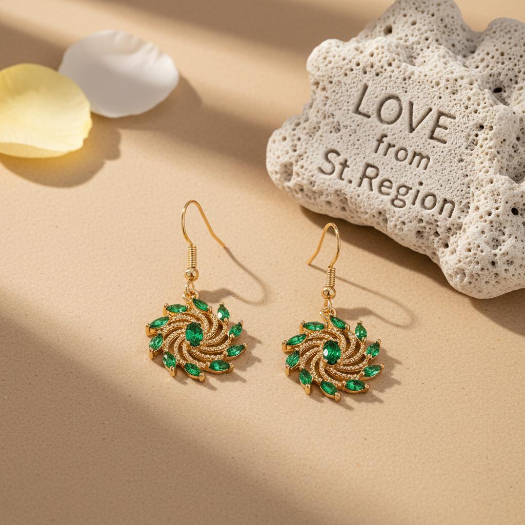 Green Crystal and Goldtone Vortex Hook Earrings, gold drop earrings for women, elegant gift for her, lifestyle look