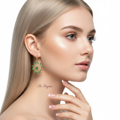 Green Crystal and Goldtone Vortex Hook Earrings, gold drop earrings for women, elegant gift for her, styled look