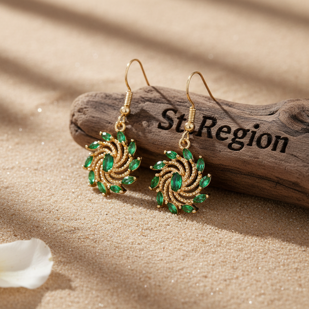 Green Crystal & Goldtone Vortex Hook Earrings - Street Region