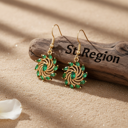 Green Crystal & Goldtone Vortex Hook Earrings - Street Region