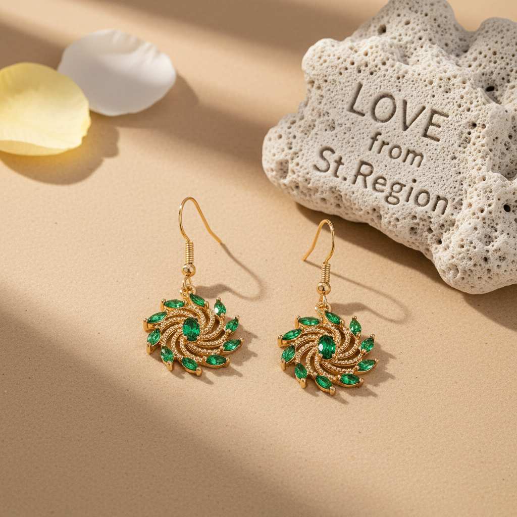 Green Crystal & Goldtone Vortex Hook Earrings - Street Region