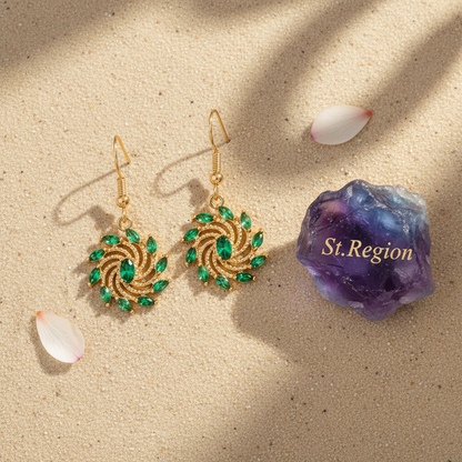 Green Crystal & Goldtone Vortex Hook Earrings - Street Region