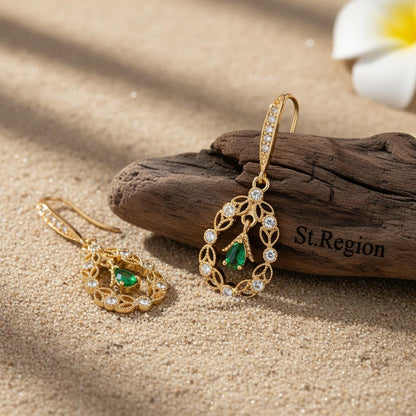 Green Crystal and Cubic Zirconia Goldtone Rattan Drop Hook Earrings, gold drop earrings for women, front view