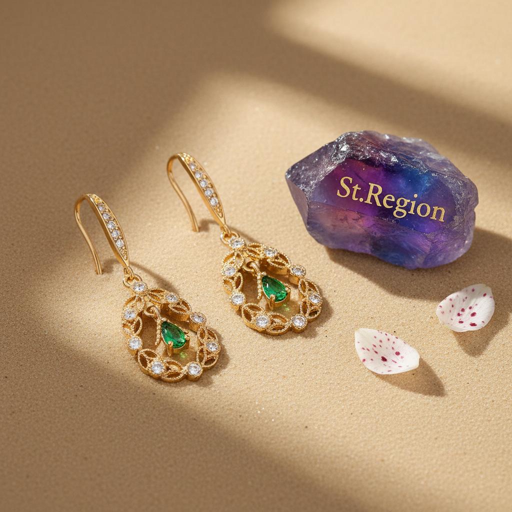Green Crystal and Cubic Zirconia Goldtone Rattan Drop Hook Earrings, gold drop earrings for women, detail close-up