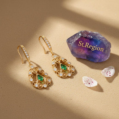 Green Crystal and Cubic Zirconia Goldtone Rattan Drop Hook Earrings, gold drop earrings for women, detail close-up