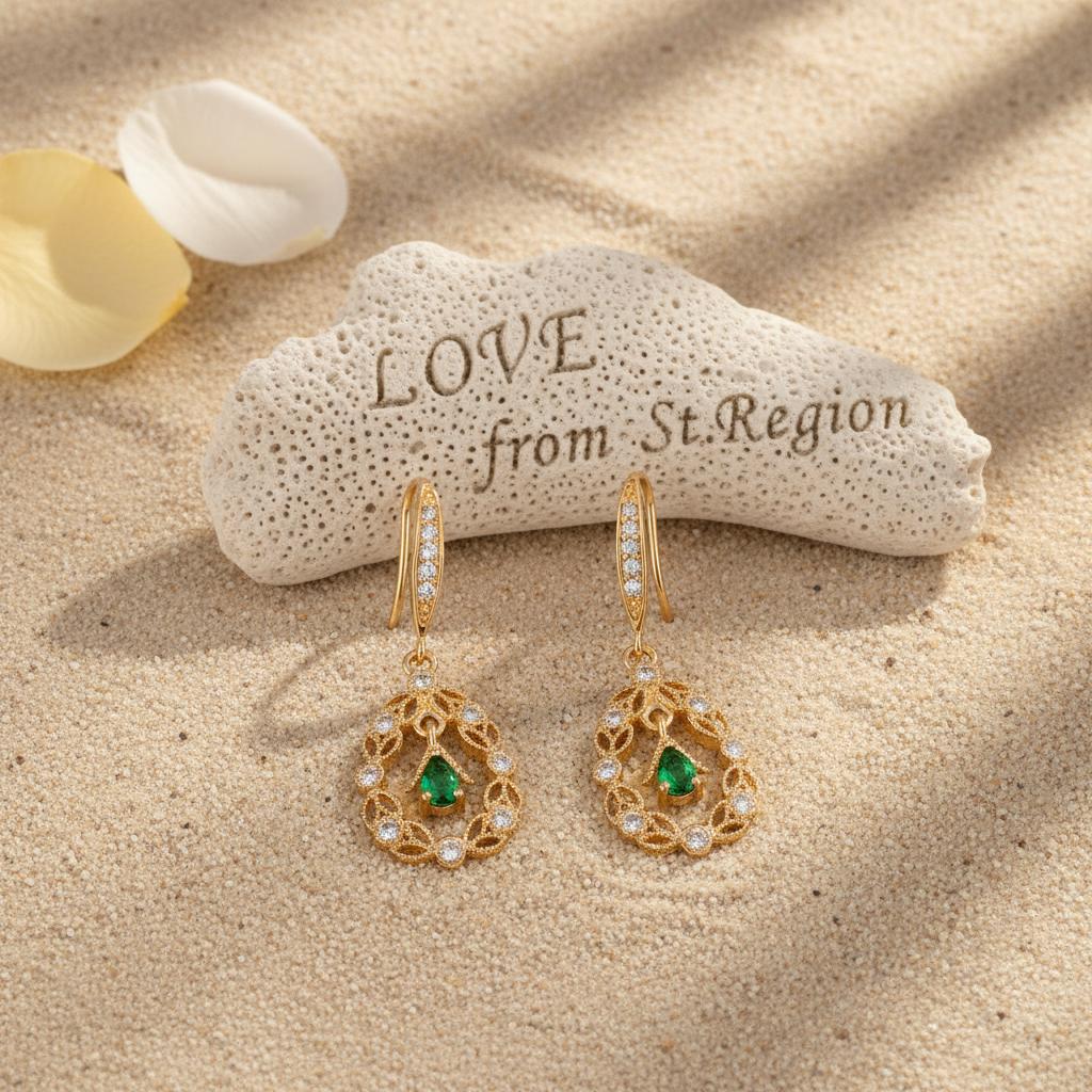 Green Crystal and Cubic Zirconia Goldtone Rattan Drop Hook Earrings, gold drop earrings for women, lifestyle look