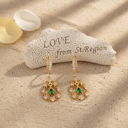 Green Crystal and Cubic Zirconia Goldtone Rattan Drop Hook Earrings, gold drop earrings for women, lifestyle look