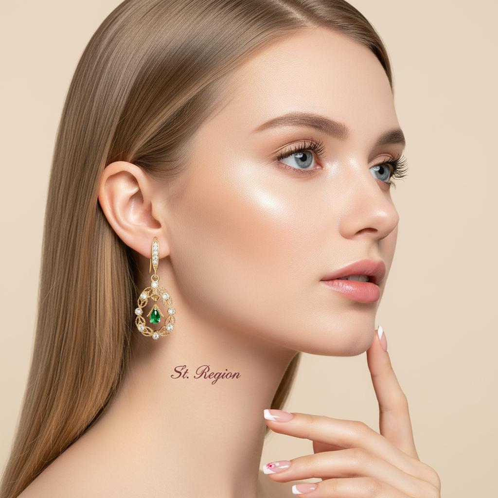Green Crystal and Cubic Zirconia Goldtone Rattan Drop Hook Earrings, gold drop earrings for women, styled look