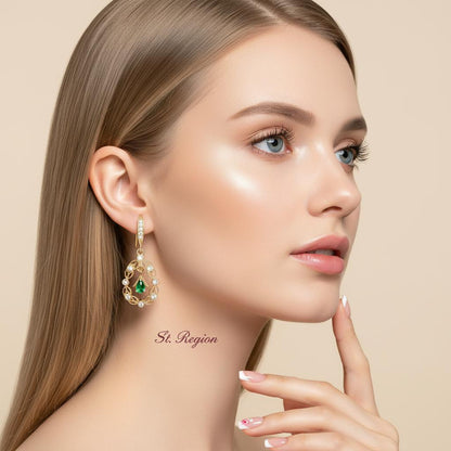 Green Crystal and Cubic Zirconia Goldtone Rattan Drop Hook Earrings, gold drop earrings for women, styled look