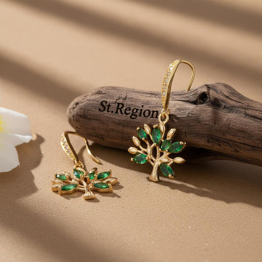 Green Crystal & Cubic Zirconia Goldtone Tree Hook Earrings