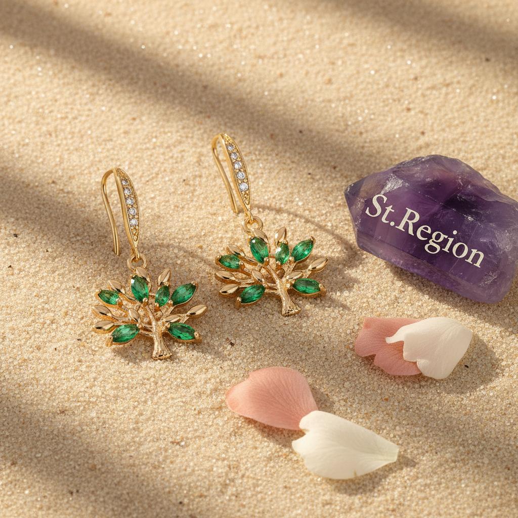 Green Crystal and Cubic Zirconia Goldtone Tree Hook Earrings, gold drop earrings for women, everyday style, detail close-up