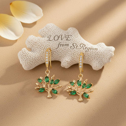 Green Crystal and Cubic Zirconia Goldtone Tree Hook Earrings, gold drop earrings for women, everyday style, lifestyle look