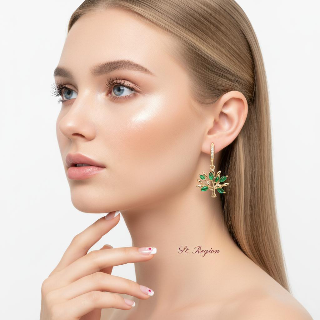 Green Crystal and Cubic Zirconia Goldtone Tree Hook Earrings, gold drop earrings for women, everyday style, styled look