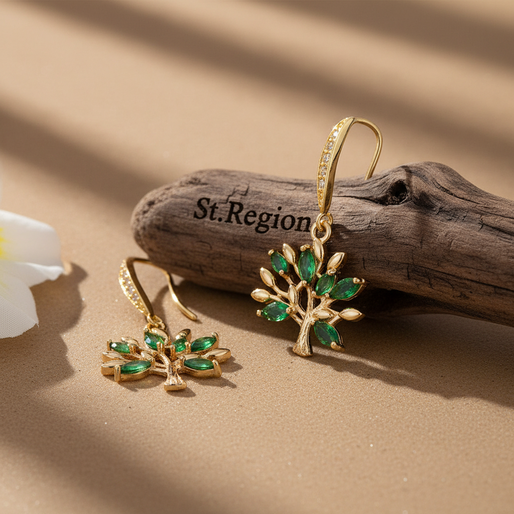 Green Crystal & Cubic Zirconia Goldtone Tree Hook Earrings - Street Region