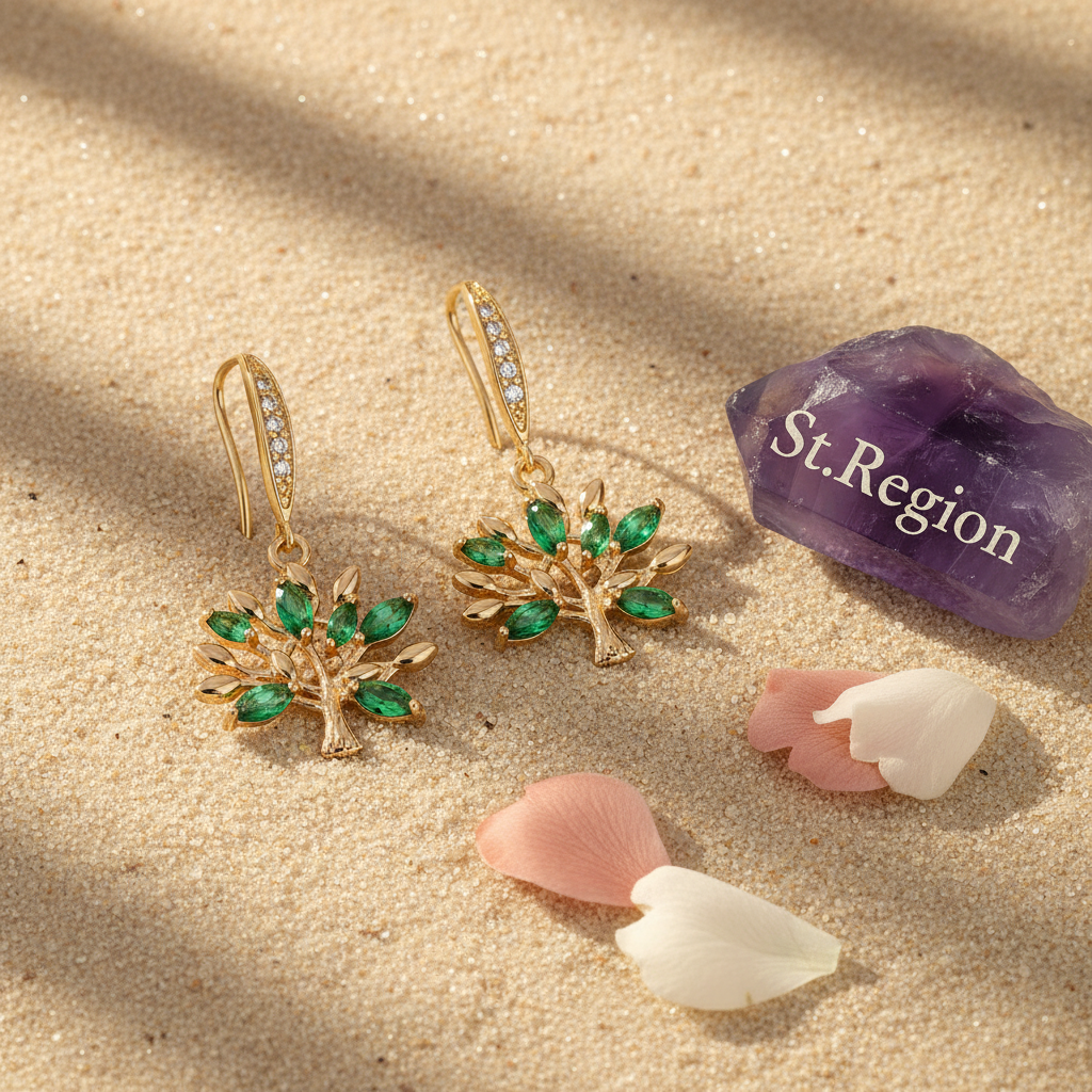 Green Crystal & Cubic Zirconia Goldtone Tree Hook Earrings - Street Region
