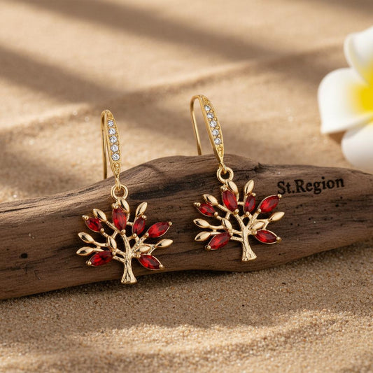 Red Crystal & Cubic Zirconia Goldtone Tree Hook Earrings