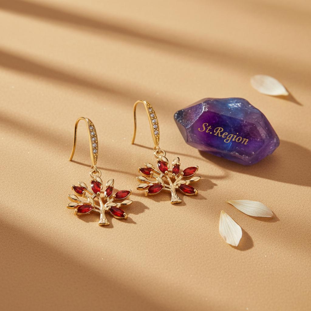 Red Crystal and Cubic Zirconia Goldtone Tree Hook Earrings, gold drop earrings for women, everyday style, detail close-up