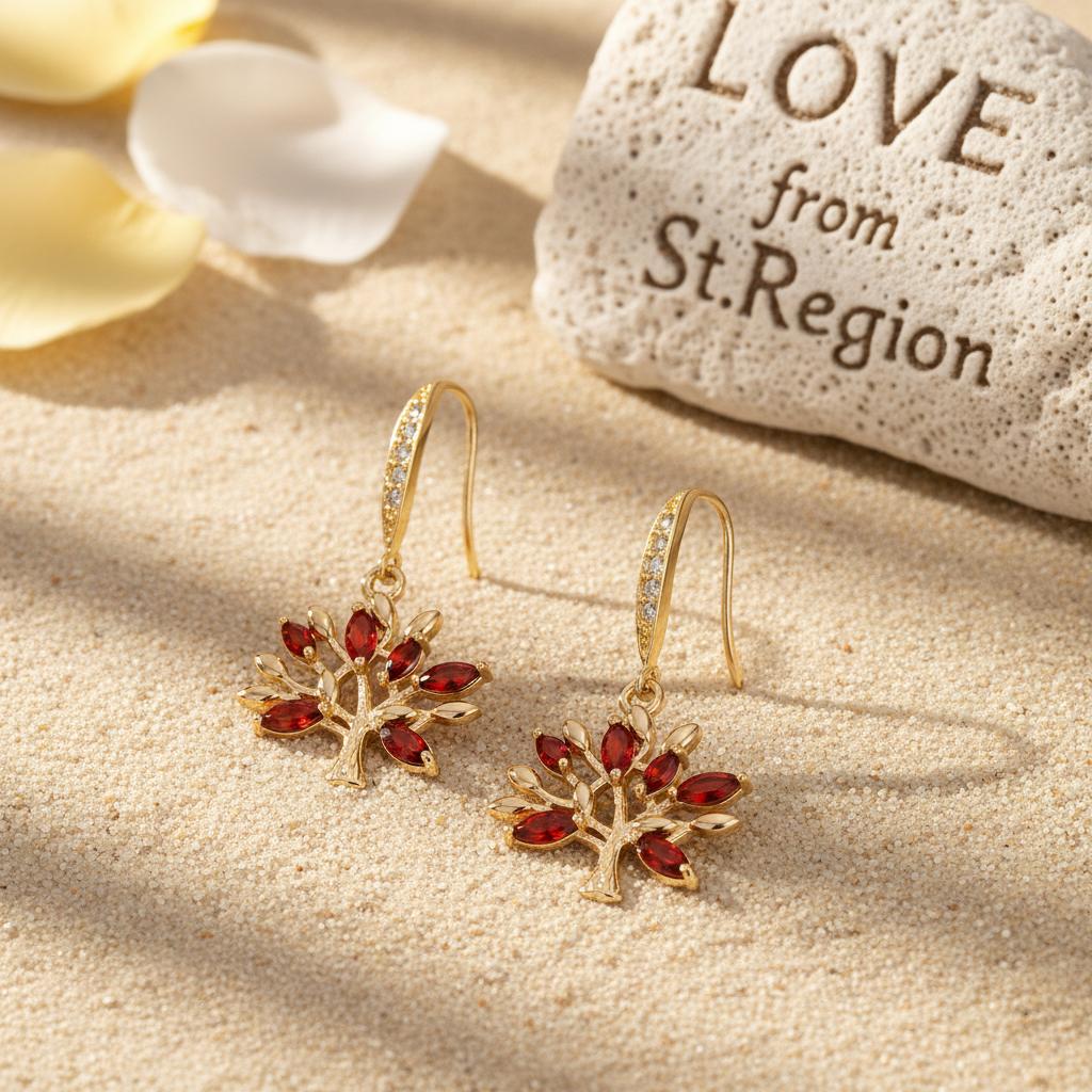 Red Crystal and Cubic Zirconia Goldtone Tree Hook Earrings, gold drop earrings for women, everyday style, lifestyle look