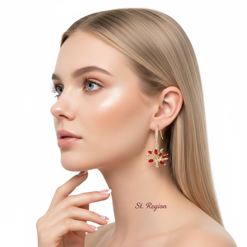 Red Crystal and Cubic Zirconia Goldtone Tree Hook Earrings, gold drop earrings for women, everyday style, styled look